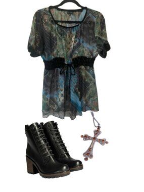 Icons women's M sheer flowy top with velvet waist tie and sleeve details GUC